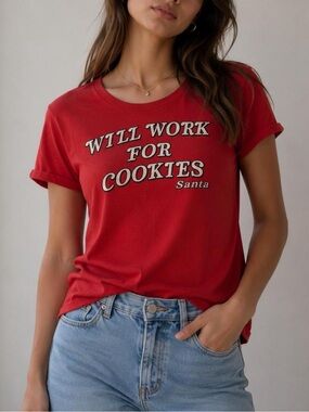 It Closet "Will Work For Cookies" Christmas Graphic Tee Red